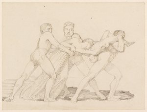 子供を女性から引き裂こうとする3人の男性（紙に鉛筆、ペン、インク） 作： John Flaxman